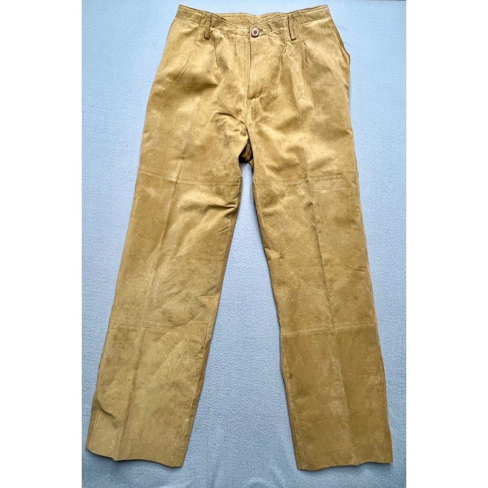 VTG 70s 80s Genelli Mens Tan Suede Leather Pleated Straight Leg Pants Size 31x31